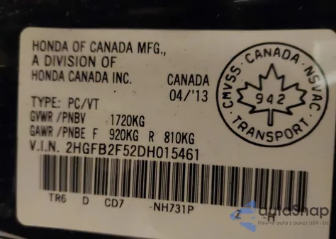 2013 Honda Civic Lx from USA, damaged, VIN 2HGFB2F52DH015461